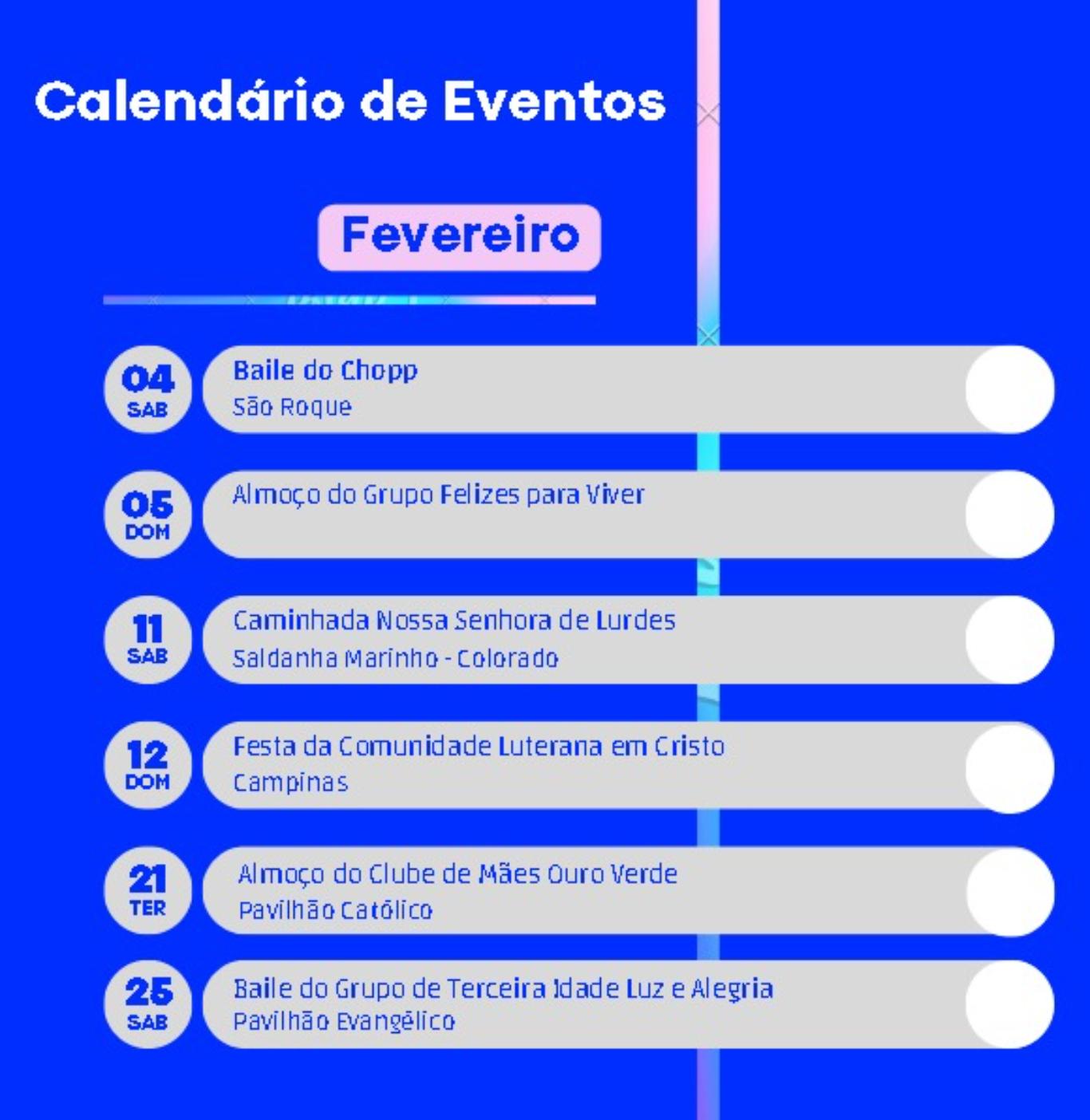 CALENDÁRIO DE EVENTOS DE FEVEREIRO